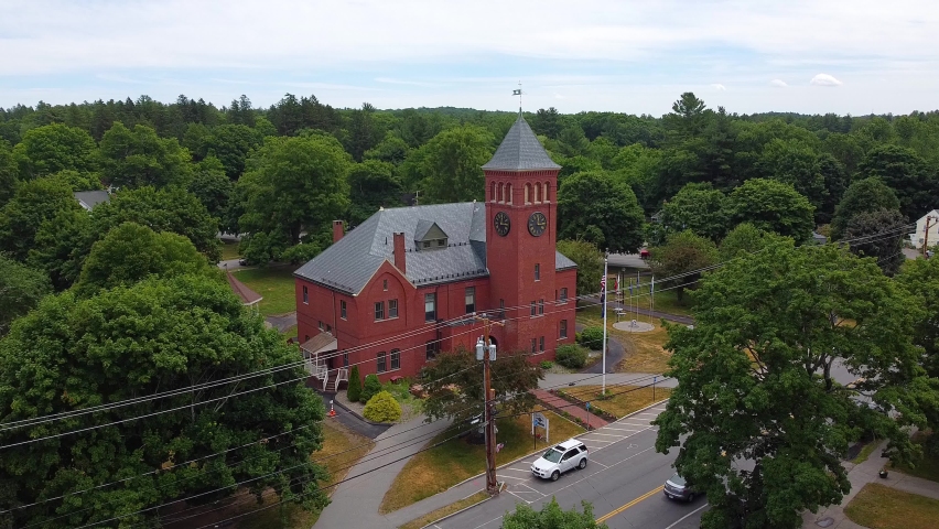 Plaistow town center aerial view including historic Town Hall on town Common on Main Street, Plaistow, New Hampshire NH, USA. 
