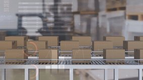 Animation of statistics and data processing over cardboard boxes on conveyor belts. global shipping, delivery, business, data processing and digital interface concept digitally generated video. - Powered by Shutterstock - Get 15% off with code: PIKWIZARD15