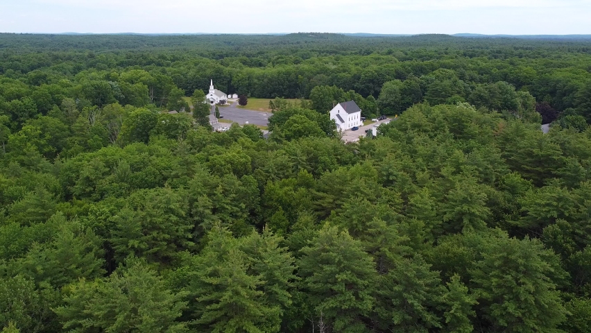 Danville town center aerial view including Town Hall, Police Department and Baptist Church, Danville, New Hampshire NH, USA. 