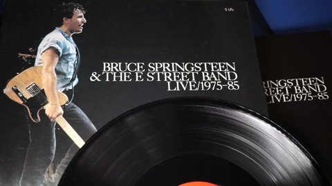 Rome, Italy - August 05, 2021, detail of the 1986 album Bruce Springsteen and The Street Band Live 1975-85, the eighth album by Bruce Springsteen and The E Street Band, and his first live album.
