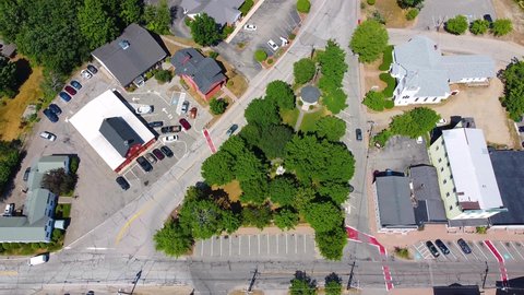 Top view of Raymond town center including Town Hall, Lyman Memorial Park and Congregational Church, Raymond, New Hampshire NH, USA. 