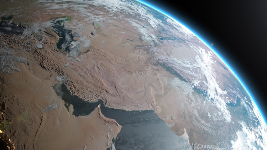 Earth from space flying over Central Asia, Afghanistan: 3D animation of Globe, from space using 4k Images, Blue planet, Edge of Atmosphere, view from orbit, Afghanistan, Iraq, Pakistan, UAE Royalty-Free Stock Footage #1077658799