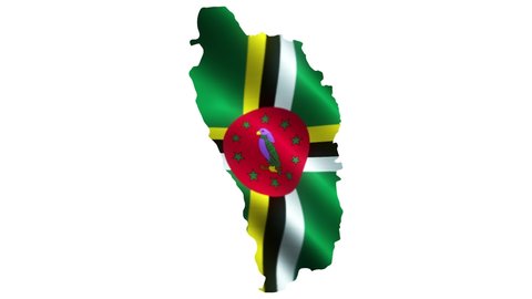 3D flying flag. Dominica National Flag in geographic illustration of the country. White Background