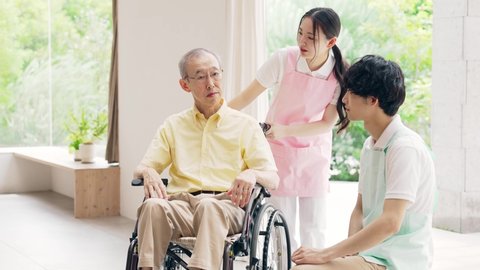 Nursing care concept. Nursing home. Japanese translation: "right","left"