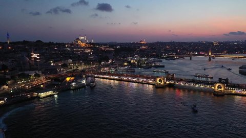 Istanbul, Turkey - July 10, 2021: Night Aerial view of Istanbul city and Suleymaniye Mosque  