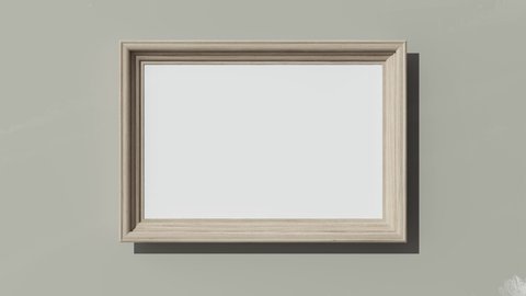 Wooden horizontal frame on painted wall. Seamless footage. Looping. 3D render square wooden frame mock up. Empty interior. Blank. 3D illustration. 3D design interior. Looped template for business.	