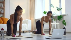 Two women exercising with dumbbells on floor in home room in front of laptop.