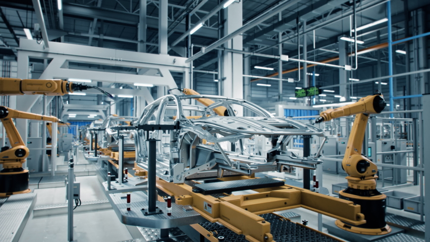 Car Factory 3D Concept: Automated Robot Arm Assembly Line Manufacturing Advanced High-Tech Green Energy Electric Vehicles. Construction, Building, Welding Industrial Production Conveyor. Close-up Royalty-Free Stock Footage #1077673703