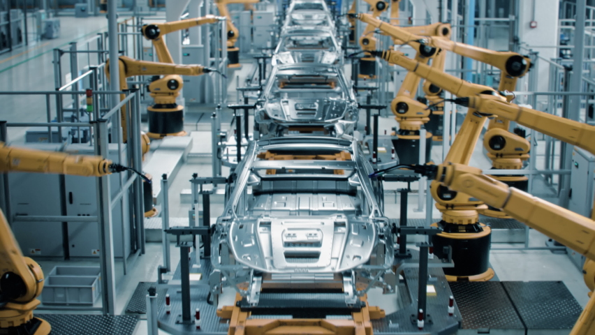 Car Factory 3D Concept: Automated Robot Arm Assembly Line Manufacturing High-Tech Green Energy Electric Vehicles. Automatic Construction, Welding Industrial Production Conveyor. Front View Time-Lapse Royalty-Free Stock Footage #1077673718