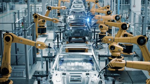 Car Factory 3D Concept: Automated Robot Arm Assembly Line Manufacturing High-Tech Green Energy Electric Vehicles. Automatic Construction, Welding Industrial Production Conveyor. Front View Time-Lapse