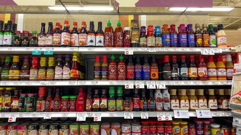 Orlando, FL USA - February 12, 2020:  Zooming in on the Asian Spice aisle at a Publix grocery store.