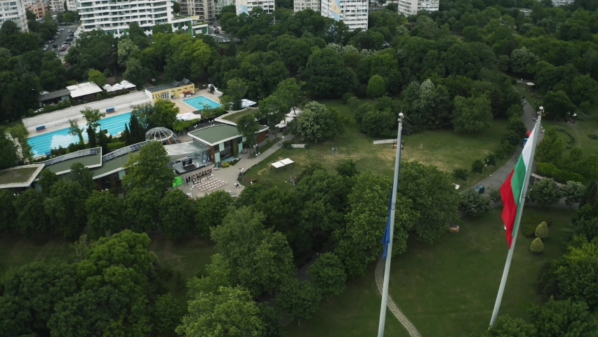 Beautiful aerial seascape of the Burgas Bay, Bulgaria. View of the Burgas Sea Garden. Cloudy weather in June 2021