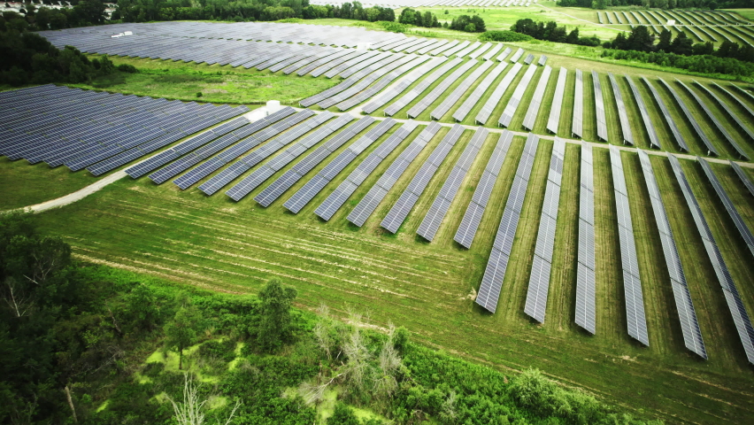Aerial footage of a large solar array.