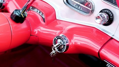 Sandy , Utah , United States - 08 01 2021: Car Key Dangling From TheIgnition Of 1958 Chevrolet Impala