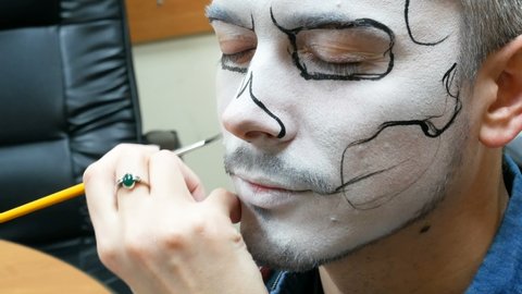 portrait of man with traditional mexican halloween makeup, caballero celebrating day of the dead, face art, body art