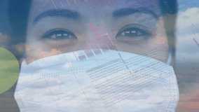 Animation of statistics and data processing over woman wearing face mask. global covid 19 pandemic concept digitally generated video. - Powered by Shutterstock - Get 15% off with code: PIKWIZARD15