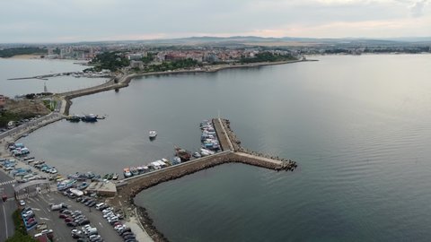Nessebar, Bulgaria June 2021. Aerial video made with a drone over the old town of Nessebar, which is under the protection of UNESCO.
