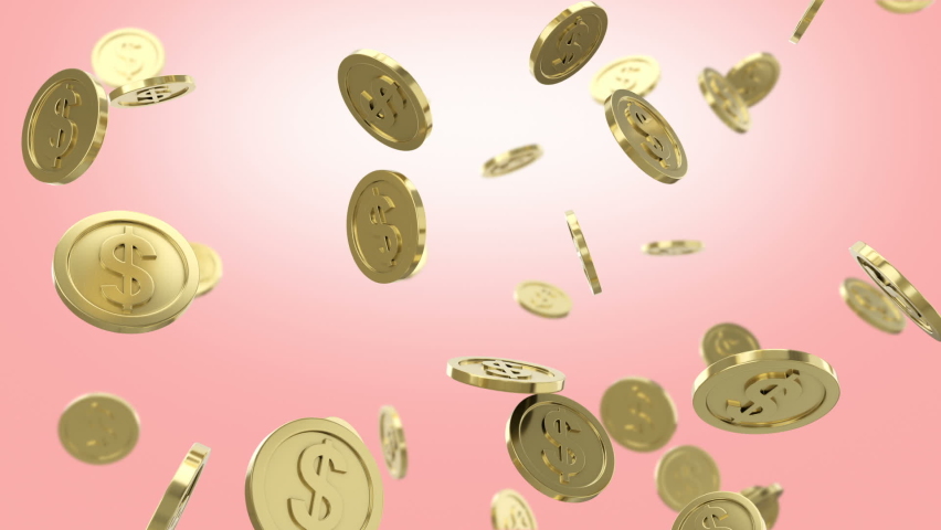 Golden coins falling in slow motion with pink background. 3d animation. | Shutterstock HD Video #1077694547