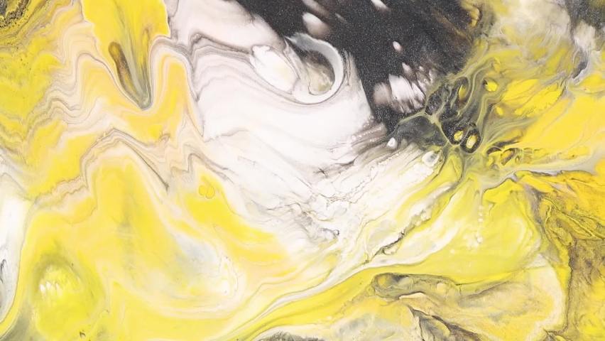 Fluid art drawing video, modern acryl texture with colorful waves. Liquid paint mixing backdrop with splash and swirl. Trendy colors of 2021 year - gray and yellow. Royalty-Free Stock Footage #1077694655