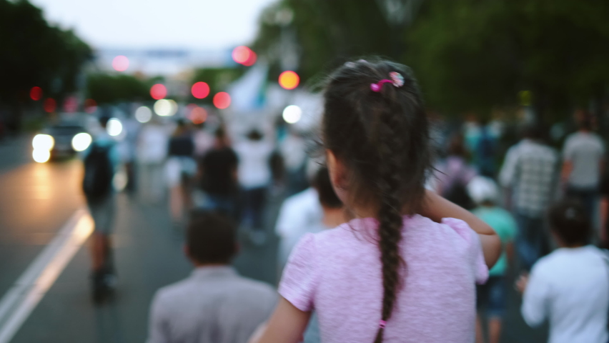 Strike demonstration child sit fathers shoulders. Stop. Political crowd rally rebel. Picketing riot activist father with girl kid sit on shoulders. No. Oppositional resistance protest revolt march. Royalty-Free Stock Footage #1077694898