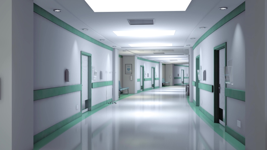 Endless empty hospital corridor animation. 3d rendering, Seamless loop.