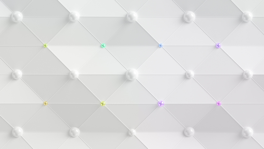 Minimal Spheres Loop 1 Multicolor: elegant white mesh background with pearl white spheres and small shiny rainbow color changing balls in red, green, blue, pink and pink. Beautiful backdrop. 
