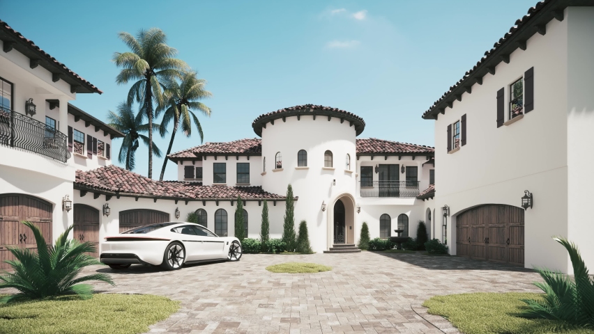 Luxury villa with a car. Expensive car in the courtyard. Sports car on the luxury house. 3d visualization | Shutterstock HD Video #1077698705