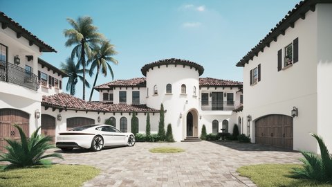 Luxury villa with a car. Expensive car in the courtyard. Sports car on the luxury house. 3d visualization