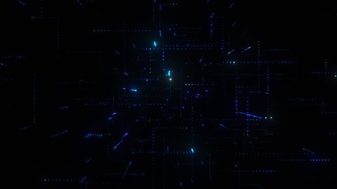 Flying through an abstract digital pixel maze. Technology blocks matrix network. illustrating digital cyberspace, technology, network, connection, processing and artifical intelligence.