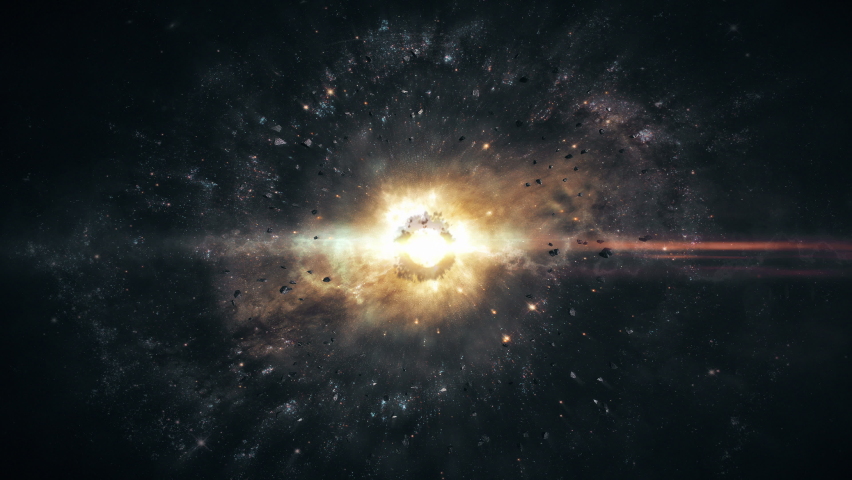 Galaxy animation. Cinematic concept art of asteroid belt. Realistic nebula in space with a massive star and nuclear lightning in the center of the universe. Cosmos with interstellar clouds of dust. Royalty-Free Stock Footage #1077707135