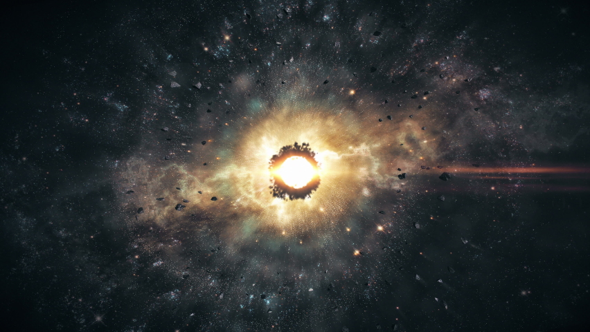 Galaxy animation. Cinematic concept art of asteroid belt. Realistic nebula in space with a massive star and nuclear lightning in the center of the universe. Cosmos with interstellar clouds of dust. | Shutterstock HD Video #1077707135