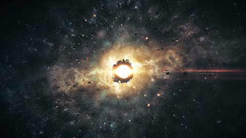 Galaxy animation. Cinematic concept art of asteroid belt. Realistic nebula in space with a massive star and nuclear lightning in the center of the universe. Cosmos with interstellar clouds of dust.