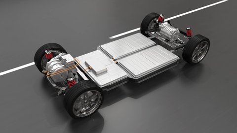 Explode demonstration of electric vehicle chassis equipped with battery pack driving on the road. 3D rendering animation.