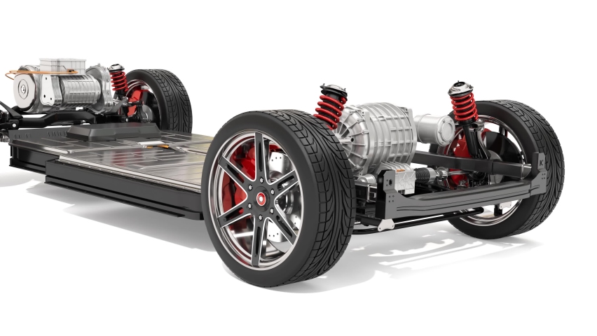 Electric vehicle chassis equipped with battery pack on white background. 3D rendering animation.