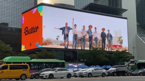 Seoul South Korea - August 12 2021: K pop artist BTS's Permission to Dance ad on Coex digital billboard at Samseong-dong.