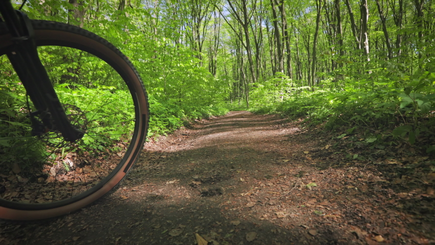 The cyclist is riding quickly along a forest path. He is going around obstacles. The camera is moving behind him. The wheel is moving close to the camera. 4K