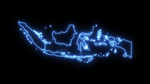 Neon shimmering blue map of Indonesia country on black background.