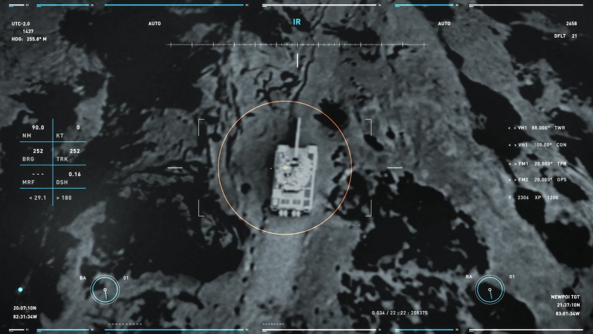Innovative Flying Drone Control System Tracking Enemy Military Tank Uses Weapon To Attack. Flying Weapon Tracking Target On Battlefield. Flying Combat Drone Weapon Futuristic Tracking Software