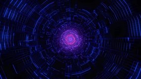 Abstract neon circle sci-fi tunnel. Futuristic VJ loop motion graphics for music video, night club concert, audio visual show background. Cyber punk. 3D animation 4K loop