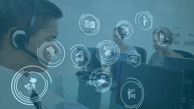 Animation of network of connections with icons over business people using phone headsets. global business, connections, digital interface and technology concept digitally generated video. - Powered by Shutterstock - Get 15% off with code: PIKWIZARD15