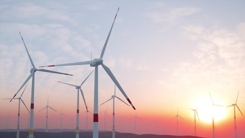 Wind Turbines For Clean Energy Production. Sunset View Background - Loopable