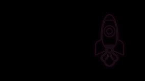 Glowing neon line Rocket ship icon isolated on black background. Space travel. 4K Video motion graphic animation.
