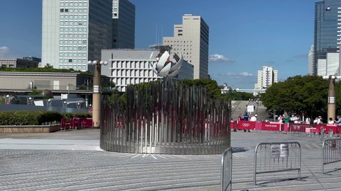 TOKYO, JAPAN - AUGUST 2021 : View of the Olympic Torch Flame Stand (Tokyo 2020 Summer Olympic Games) at Yume no Ohashi, Ariake area.