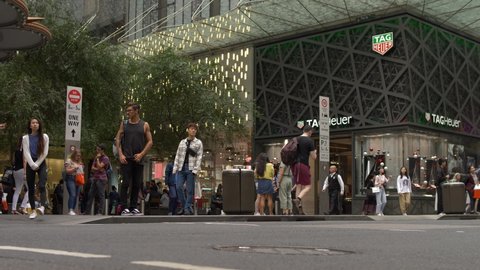 SYDNEY, NSW, AUSTRALIA. DECEMBER 22 2019. Sydney pedestrians wait outside a Tag shop, slow motion.
