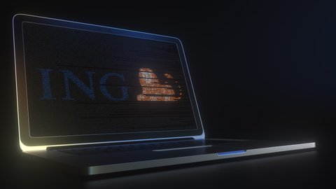 Portable computer with the logo of ING made with code strings, editorial conceptual 3d animation