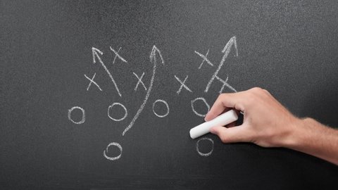 American football field covered with zeros and arrows. Strategy game plan for soccer. Football tactics. Game plan is written on blackboard with chalk. Sport diagram