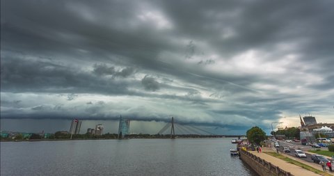Shelf cloud moving over Riga city, capital of Latvia, timelapse movie