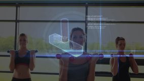 Animation of dna strand and data processing over women exercising in gym. sport, fitness and active lifestyle concept digitally generated video. - Powered by Shutterstock - Get 15% off with code: PIKWIZARD15