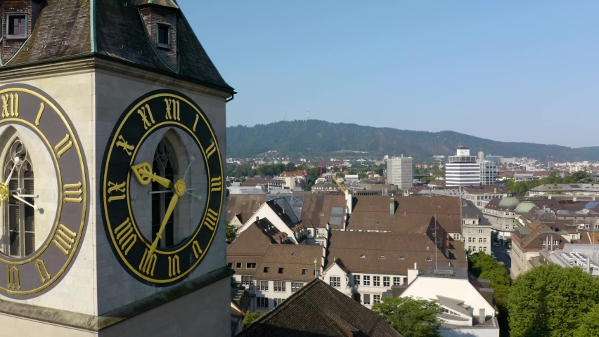Church of St Peter has the Largest Clock Face in Europe. Amazing Close Up Aerial View of Church Tower in Zurich, Switzerland. Sunny Summer Afternoon