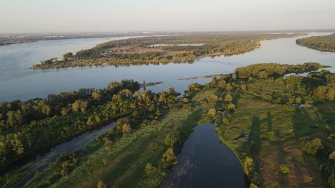 Aerial view of fields and lakes of Samara national park, Russian nature
